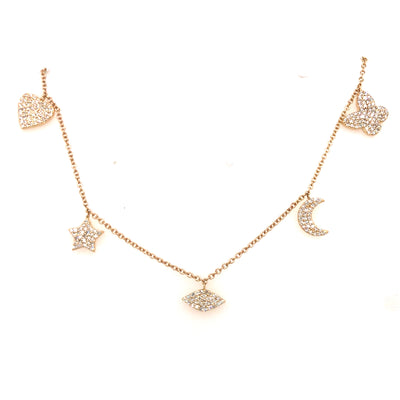 14K Pave Heart, Star, Marquise, Moon and Butterfly Charm Bracelet Yellow Gold