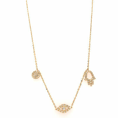14K Diamond Hamsa, Eye and Pave Circle Necklace Yellow Gold