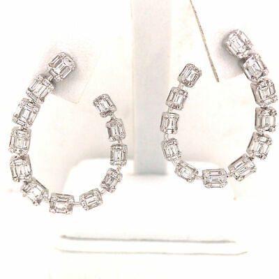 18K Round and Baguette Diamond Open Hoop Earring White Gold