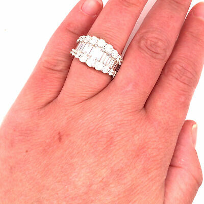 14K Round and Baguette Diamond Wide Band White Gold