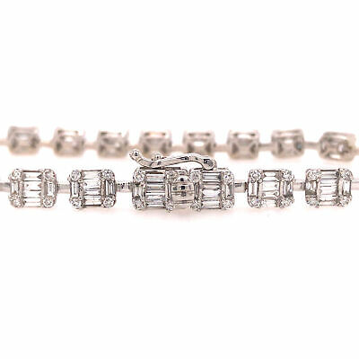 14K Round and Baguette Diamond Bracelet White Gold