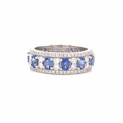 18K Diamond and Oval Sapphire Band White Gold