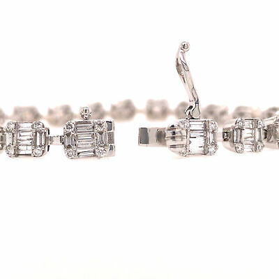 14K Round and Baguette Diamond Bracelet White Gold