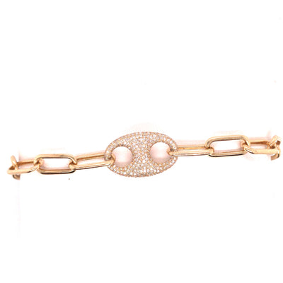 14K Diamond Oval Plate Paperclip Bracelet Yellow Gold