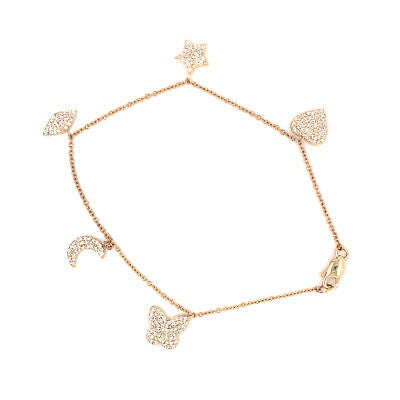 14K Pave Heart, Star, Marquise, Moon and Butterfly Charm Bracelet Yellow Gold