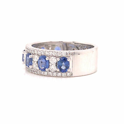 18K Diamond and Oval Sapphire Band White Gold