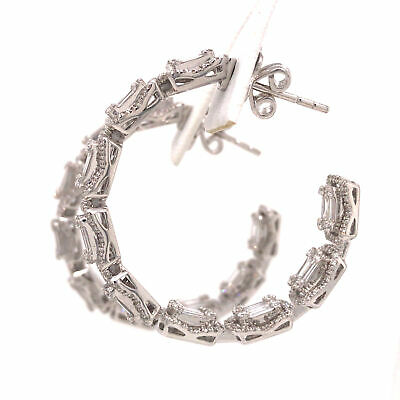 18K Round and Baguette Diamond In/Out Hoop Earrings White Gold