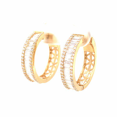 18K Round and Baguette Diamond Hoop Earrings Yellow Gold
