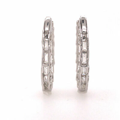 18K Emerald Diamond Elongated In/Out Hoop Earrings White Gold