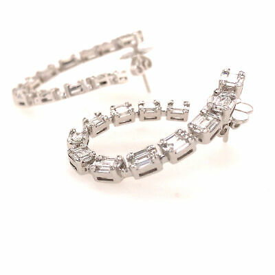 18K Round and Baguette Diamond Open Hoop Earring White Gold