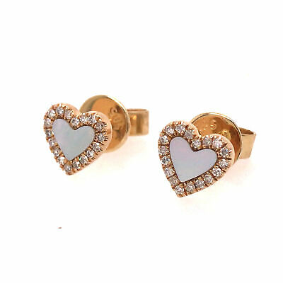 14K Diamond Halo Mother of Pearl Heart Earrings Yellow Gold