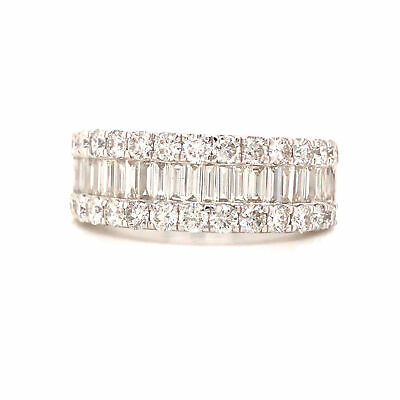 18K Round and Baguette Diamond Band White Gold
