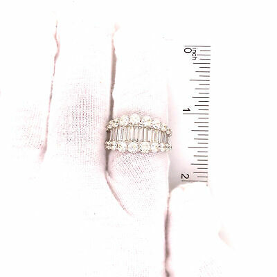 14K Round and Baguette Diamond Wide Band White Gold