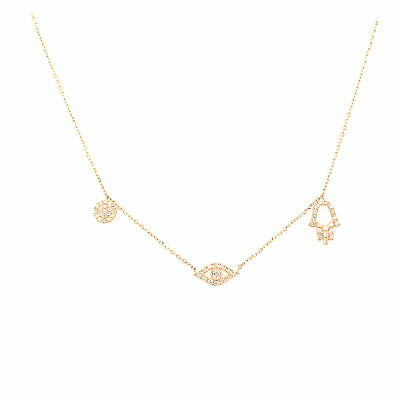14K Diamond Hamsa, Eye and Pave Circle Necklace Yellow Gold