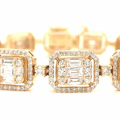 18K Round and Baguette Diamond Cluster Line Bracelet Yellow Gold