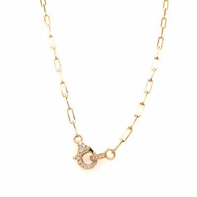 14K Paperclip Necklace with Pave Diamond Lobster Clasp Yellow Gold