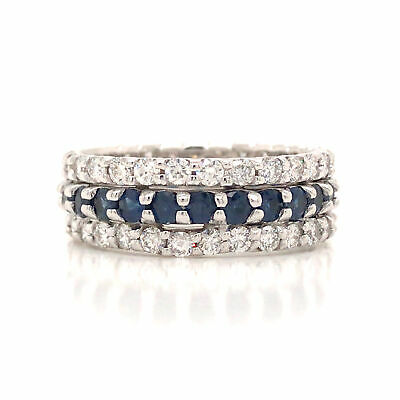 14K Diamond and Sapphire 3-Row Eternity Band White Gold