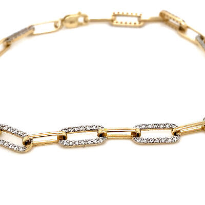 14K Diamond Paperclip Chain Bracelet Yellow Gold