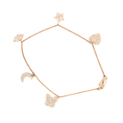 14K Pave Heart, Star, Marquise, Moon and Butterfly Charm Bracelet Yellow Gold