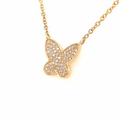 14K Pave Butterfly Pendant Necklace Yellow Gold