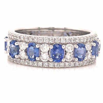 18K Diamond and Oval Sapphire Band White Gold