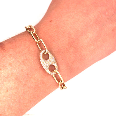 14K Diamond Oval Plate Paperclip Bracelet Yellow Gold