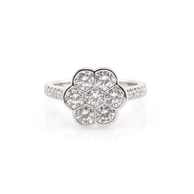 Diamond Cluster Engagement Ring. 18K White Gold. Diamond Shoulders. Made For Love Jewelry. Boca Raton, Florida.