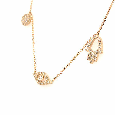 14K Diamond Hamsa, Eye and Pave Circle Necklace Yellow Gold
