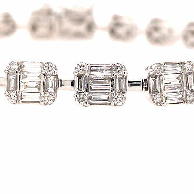 14K Round and Baguette Diamond Bracelet White Gold