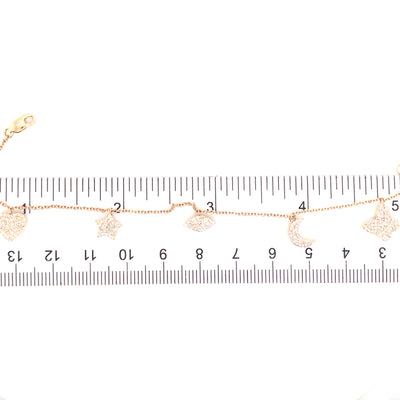 14K Pave Heart, Star, Marquise, Moon and Butterfly Charm Bracelet Yellow Gold