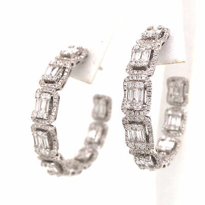 18K Round and Baguette Diamond In/Out Hoop Earrings White Gold