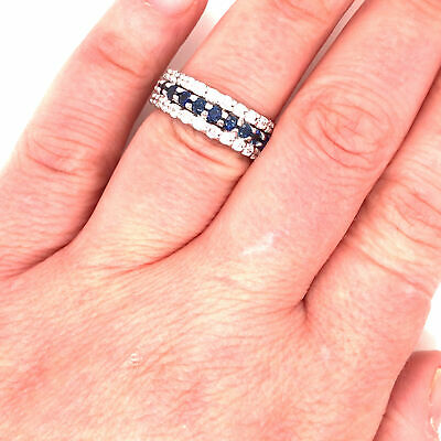 14K Diamond and Sapphire 3-Row Eternity Band White Gold