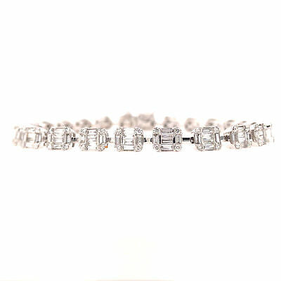 14K Round and Baguette Diamond Bracelet White Gold