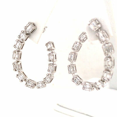 18K Round and Baguette Diamond Open Hoop Earring White Gold