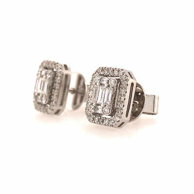 18K Round and Baguette Diamond Cluster Earrings White Gold
