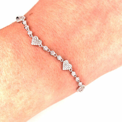 14K Diamond Pave Heart and Bezel Diamond Bracelet White Gold