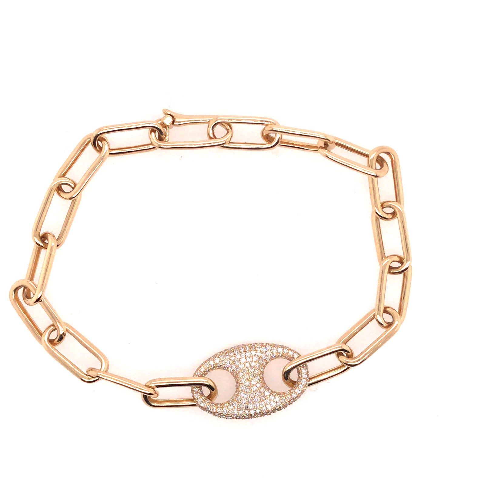 14K Diamond Oval Plate Paperclip Bracelet Yellow Gold