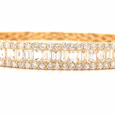 18K Emerald and Round Diamond Bangle Bracelet Yellow Gold