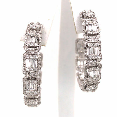 18K Round and Baguette Diamond In/Out Hoop Earrings White Gold