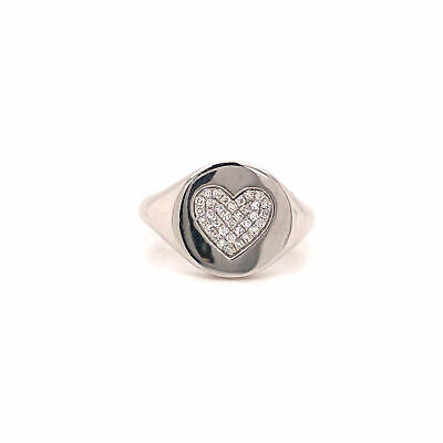 14K Diamond Pave Heart Signet Pinky Ring White Gold