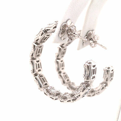 18K Round and Baguette Diamond In/Out Hoop Earrings White Gold