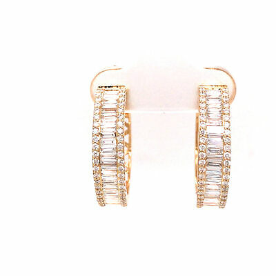 18K Round and Baguette Diamond Hoop Earrings Yellow Gold