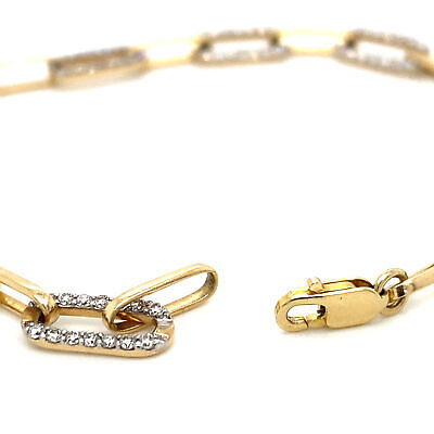 14K Diamond Paperclip Chain Bracelet Yellow Gold