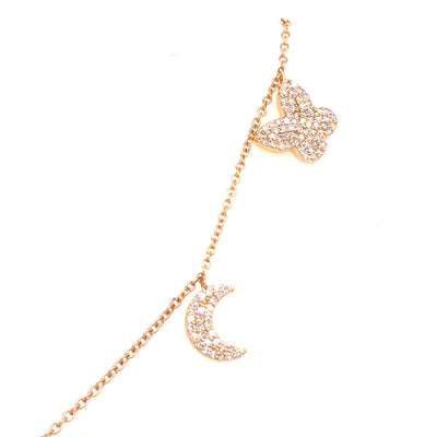 14K Pave Heart, Star, Marquise, Moon and Butterfly Charm Bracelet Yellow Gold