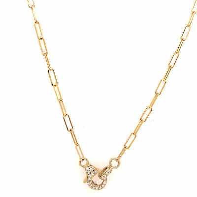 14K Paperclip Necklace with Pave Diamond Lobster Clasp Yellow Gold