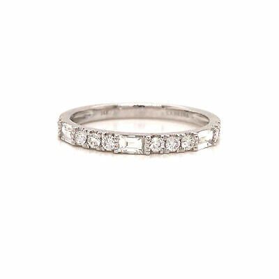 14K Round and Baguette Diamond Band White Gold
