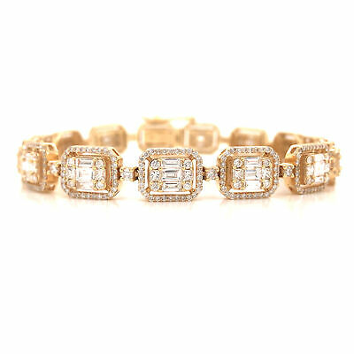 18K Round and Baguette Diamond Cluster Line Bracelet Yellow Gold