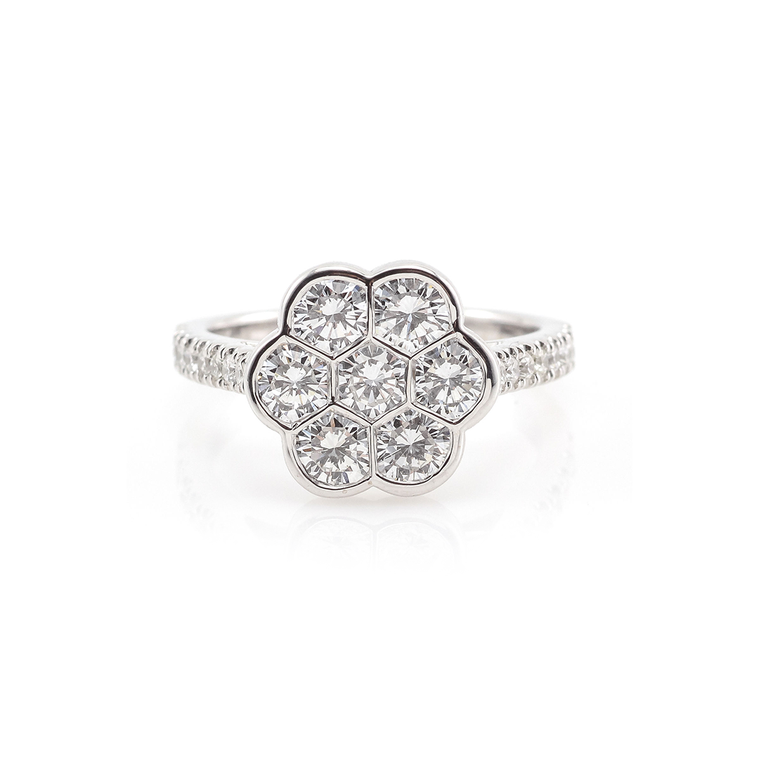 Diamond Cluster Engagement Ring. 18K White Gold. Diamond Shoulders. Made For Love Jewelry. Boca Raton, Florida.