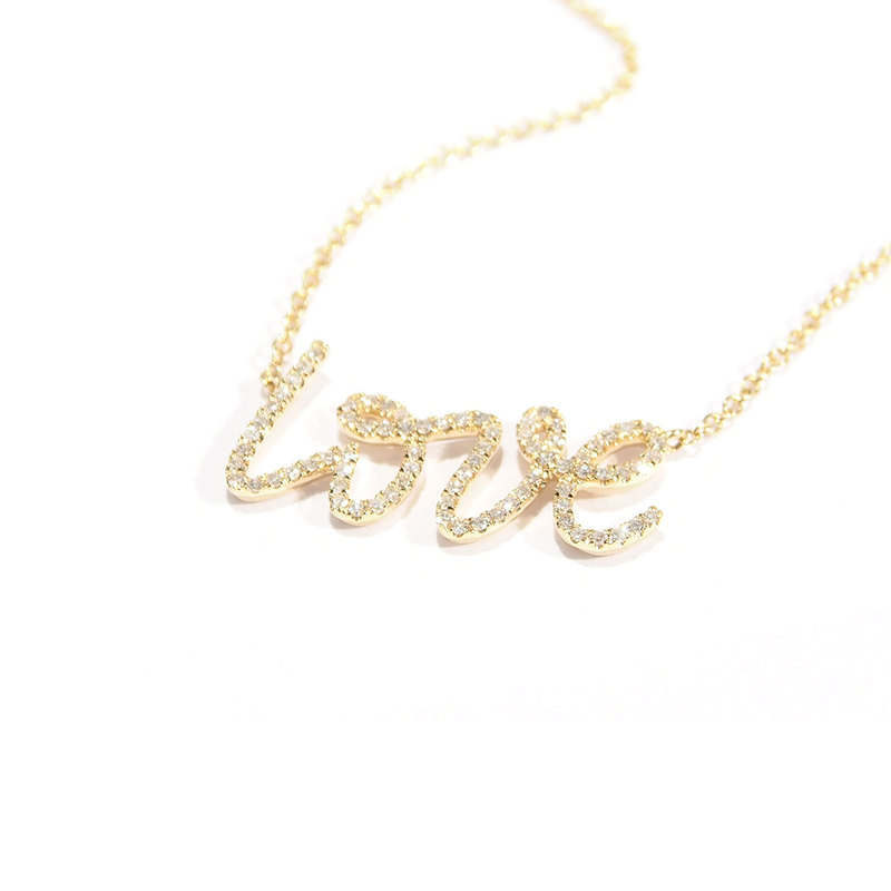 Love Necklaces. Yellow Gold and round Brilliant diamonds. Cursive Love Necklace. Made for Love Jewelry Boca Raton FL