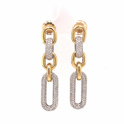 18K Diamond Pave Paperclip Dangle Earrings Two-Tone Gold